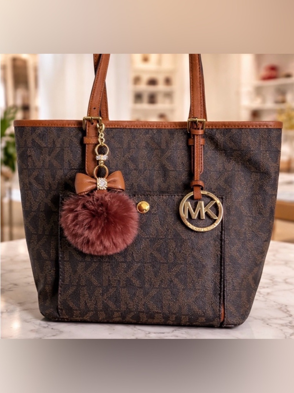 Michael Kors Large Snap Pocket Tote with Pom Pom Charm and Gold MK Logo